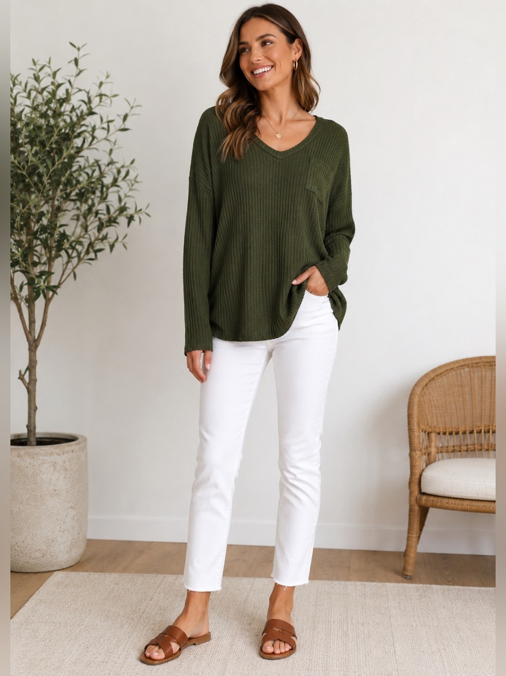 Chaser women's size small V-neck evergreen long sleeve waffle knit top, new
